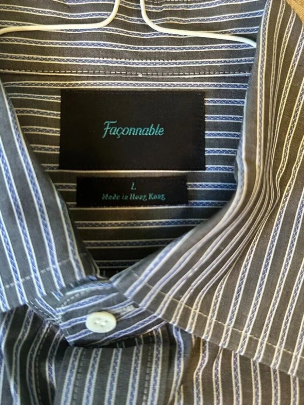 Façonnable Men's Shirt Gray-Brown and White Striped Long Sleeve Button Up, Sz L
